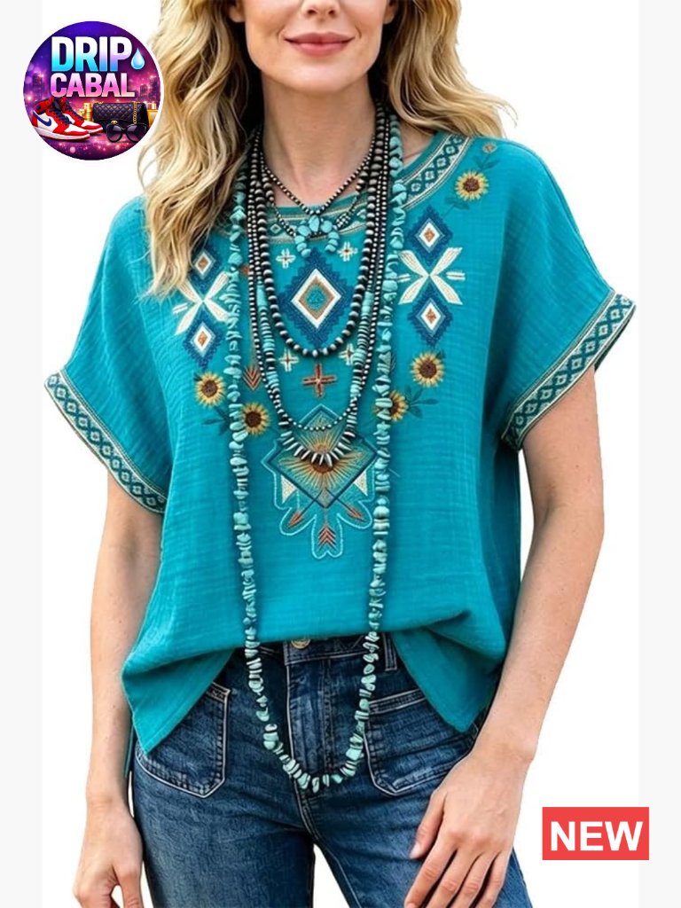 Retro Ethnic Embroidered Dolman Sleeve Cotton Bohemian Blouse